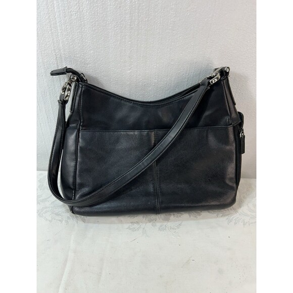 Black Leather Handbag, unbranded, Zippered Pockets - Picture 2 of 5